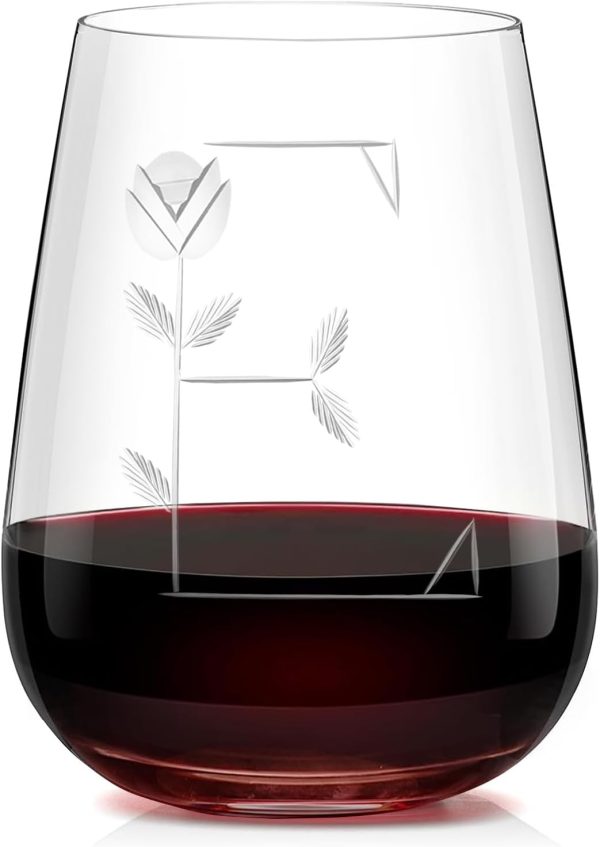 Elegant Monogrammed Crystal Stemless Wine Glasses - Handcrafted Intricately Engraved Crystal Wine Tumblers, Personalized Gifts for Wine Enthusiasts, Women and Men - Letter 'E'