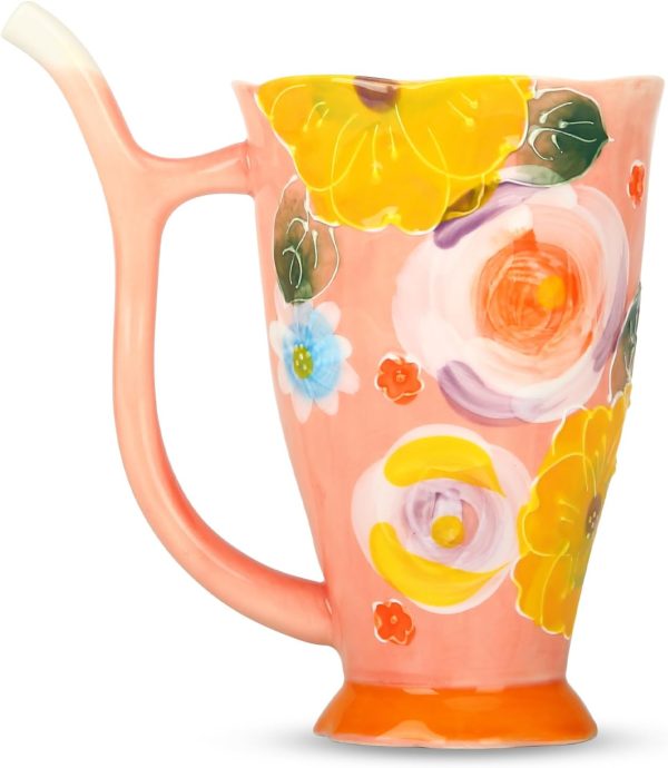 Hand-painted ceramic cup with a built-in straw, 500ml, suitable for all beverages such as coffee, milk, and flower tea. A gift for elegant ladies.