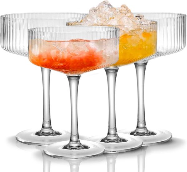 4 Pcs Ribbed  Glasses, 10 oz Vintage Cocktail  Glasses Set, Unique Martini Glass, Classic Cocktail Galssware, Bar Drinking Glasses Set Pefect for Cocktail, Wine, Champagne & Gift