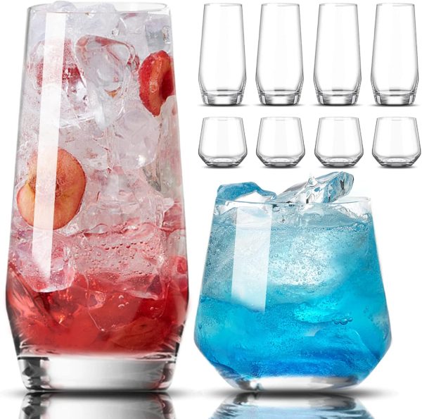 Drinking Glasses Set of 8-4 Tall Glass Cups 18 oz & 4 Short Stemless Wine Glasses 13 oz, Highball Glasses, Glassware Sets for Cocktail, Beer, Wine, Whiskey, Water & Juice Drinkware