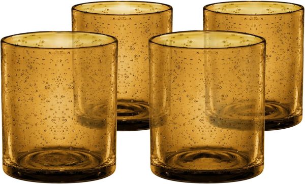 14oz Double Old Fashion Glass, Set of 4 | Iris Seeded Design, Amber | Drinking Glass for Parties and Everyday Use - Mojito, Whiskey, Cocktail | Glassware & Barware Essentials