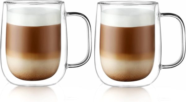 Large Double Wall Glass Coffee Mug 15.2oz,Clear Insulated Glass Espresso Cup with Big Handle,set of 2