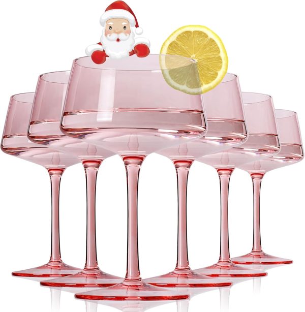 Pink Martini Glasses Set of 6, Hand Blown Colorful Cocktail Glasses 13Oz, Premium Crystal  Glasses, Large Margarita Glasses, Bar Drinking Glasses, Gift for Christmas, Party, Pink
