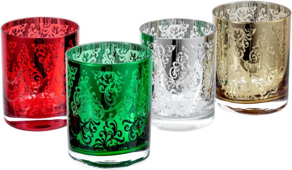 12 oz Holiday Multicolor Double Old Fashioned Glasses with Etched Baroque Pattern, Metallic Gold Silver Red Green Color Lowball Whiskey Drinking Glass, 4 Piece Set