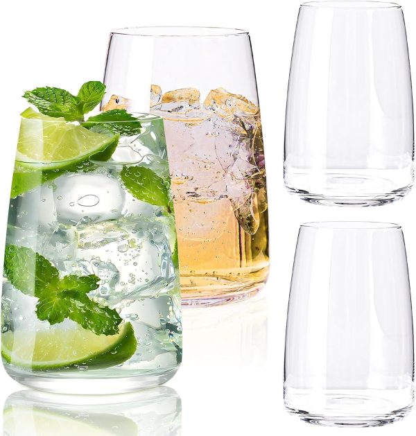 Drinking Water Glasses Set of 4,17oz Hand Blown Water Glasses,Highball Glasses for Beer,Juice,Mojito,Iced Tea,Kitchen,Bar Cocktail Drinking Glass