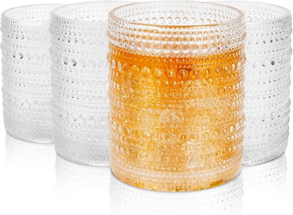 Cocktail Glasses Set of 4, 11oz  Glasses Set for Water Whiskey and Mixed, Kitchen and Bar Beaded Glass Cups, Clear Vintage Bubble Glassware, Glasses Drinking Set
