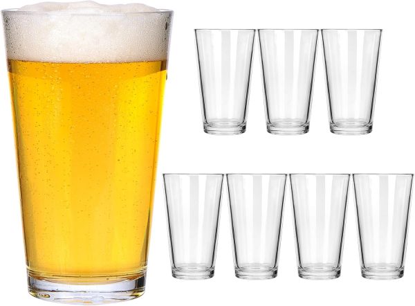 8pcs 16oz Beer Pint Glasses, Drinking Glasses Set of 8 Highball Glasses Water Cups for Cold Beverages