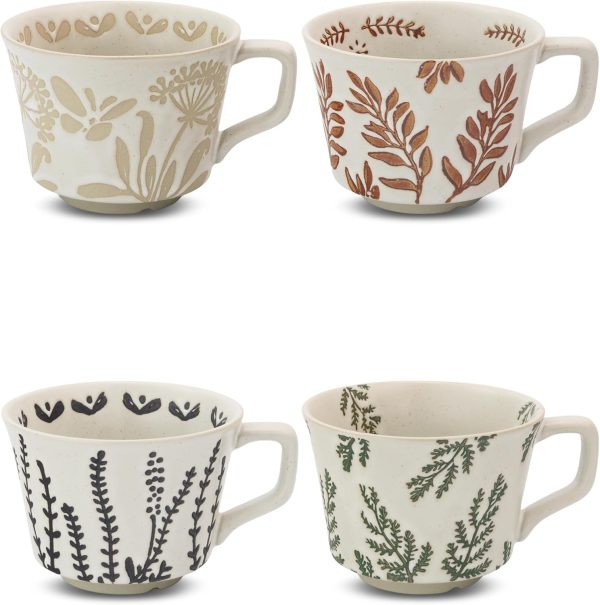 Ceramic Coffee Mug, 12 oz Novelty Unique Teacup with Large Handle, Stoneware Cup for Tea Mocha Latte Cappuccino Espresso (Set of 4, Butterfly Grass Ivy and Leaf)