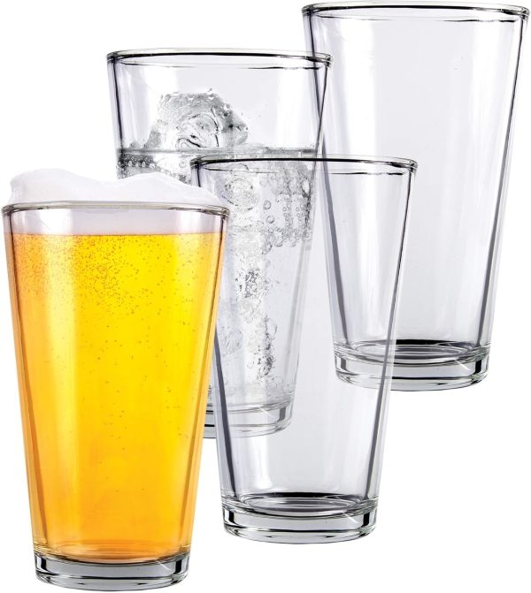Pint Beer Glasses Set of 4 – 16 oz Tall Clear Drinking Glasses and All Purpose Tumblers – Heavy Base Cocktail, Water, Juice Glass – Pub Style Design For Home Dining, Bars, and Parties