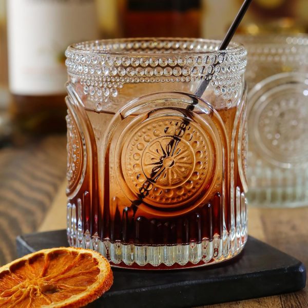 Ribbed Retro Arch Floral Clear Drinking Glasses Set of 6, (10 oz) Vintage Glassware Set Cocktail Glass Set, Juice Glass, Water Cups | Great Hostess Gift & Gift for New Home Owners