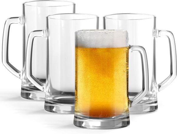 Beer Mugs, Beer Glasses, Set of 4, 12.7 Oz, Clear Large Beer Mugs, Gift for Men, With Handles, Large Drinking Cups for Tea, Coffee, Root Beer Floats, Dishwasher and Refrigerator Safe, Durable