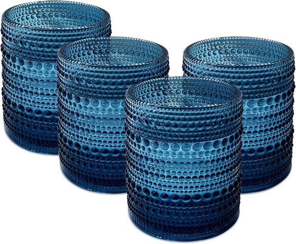 12oz Vintage Drinking Glasses Set of 4, Kitchen Glassware Old Fashioned Glass Cups, Aesthetic Water Cups for Cocktail Whiskey Wine Beer Juice Coffee Beer (Blue)