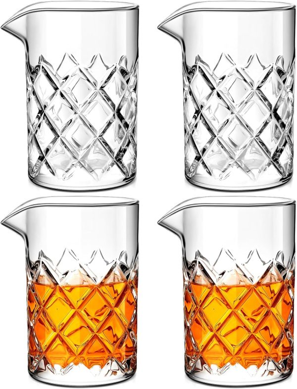 4 Pcs Cocktail Mixing Glass Crystal Mixing Glass Cocktail Stirring Glass Thick Bottom Seamless Cocktail Pitcher for Home Bartender Bar Whiskey Martini Drink Shaker Accessories (24 oz)