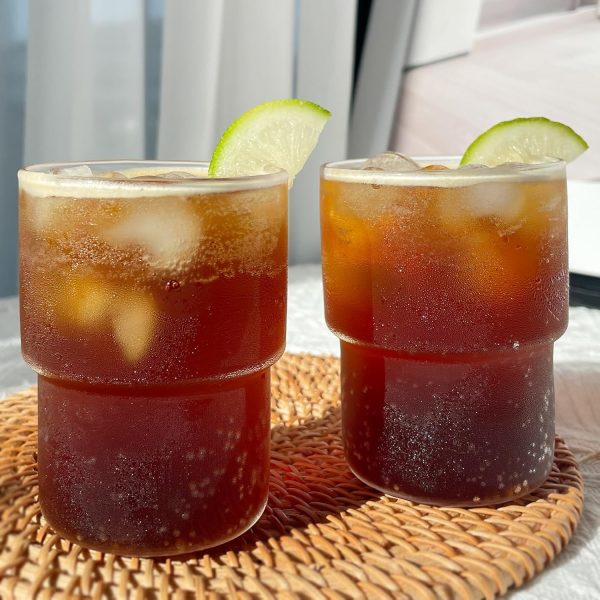 2pcs Clear Glass Cups 8oz High Borosilicate Glass Coffee Mugs Stemless Cocktail Cups for Latte Cappuccino Coffee Water Tea Smoothie, Stackable Fancy Glass Cup Gift for Birthday Wedding