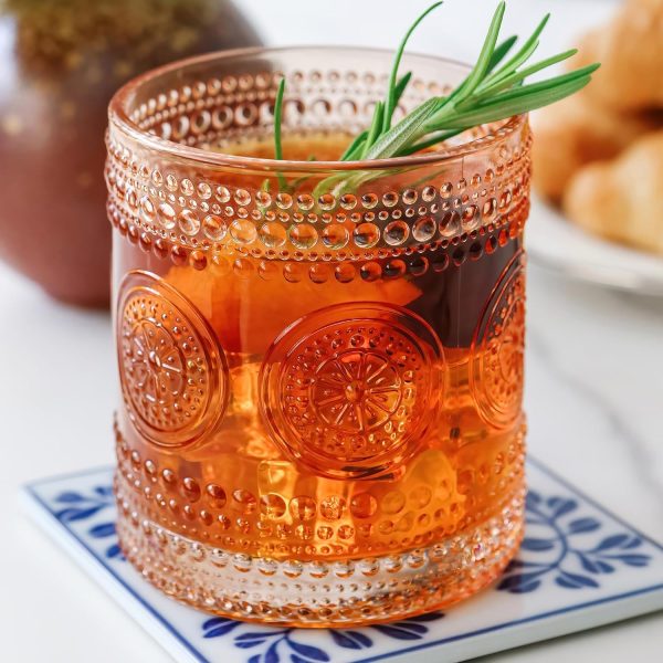 Beaded Floral Rose Gold Drinking Glasses Set of 6, (10 oz) Vintage Glassware Set Cocktail Glass Set, Juice Glass, Water Cups | Great Hostess Gift & Gift for New Home Owners