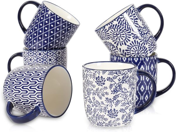 Porcelain 10 oz Coffee Mugs Set of 6 with Handle, Coffee Cups Ceramic for Cappuccino Latte Cocoa Milk Tea, Dishwasher Microwave Safe, Vintage Blue
