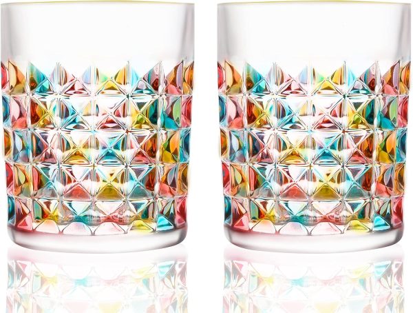 Whiskey Glasses Set of 2, 10oz Colorful Old Fashioned Glasses, Crystal Glassware for Bourbon Scotch Cocktail Rum Vodka Liquor