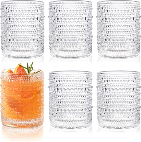 Drinking Glasses Set of 6,12oz Vintage Glassware Embossed Vintage Water Cups Cocktail Glasses Juice Glasses